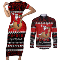 Personalised New Zealand Christmas Couples Matching Short Sleeve Bodycon Dress and Long Sleeve Button Shirt Kiwi Santa Claus Maori Meri Kirihimete LT9 - Wonder Print Shop