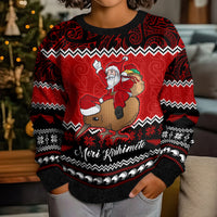 Personalised New Zealand Christmas Kid Ugly Christmas Sweater Kiwi Santa Claus Maori Meri Kirihimete - Wonder Print Shop