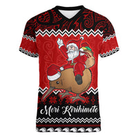 Personalised New Zealand Christmas Women V Neck T Shirt Kiwi Santa Claus Maori Meri Kirihimete - Wonder Print Shop