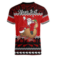 Personalised New Zealand Christmas Women V Neck T Shirt Kiwi Santa Claus Maori Meri Kirihimete - Wonder Print Shop