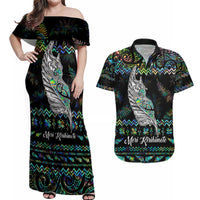 Personalised New Zealand Christmas Couples Matching Off Shoulder Maxi Dress and Hawaiian Shirt Maori Fern Manaia Meri Kirihimete with Papaua Shell LT9 - Wonder Print Shop