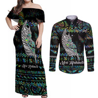 Personalised New Zealand Christmas Couples Matching Off Shoulder Maxi Dress and Long Sleeve Button Shirt Maori Fern Manaia Meri Kirihimete with Papaua Shell LT9 - Wonder Print Shop