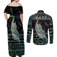 Personalised New Zealand Christmas Couples Matching Off Shoulder Maxi Dress and Long Sleeve Button Shirt Maori Fern Manaia Meri Kirihimete with Papaua Shell LT9 - Wonder Print Shop