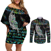 Personalised New Zealand Christmas Couples Matching Off Shoulder Short Dress and Long Sleeve Button Shirt Maori Fern Manaia Meri Kirihimete with Papaua Shell LT9 - Wonder Print Shop