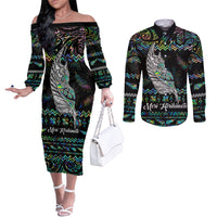 personalised-new-zealand-christmas-couples-matching-off-the-shoulder-long-sleeve-dress-and-long-sleeve-button-shirt-maori-fern-manaia-meri-kirihimete-with-papaua-shell