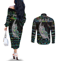 personalised-new-zealand-christmas-couples-matching-off-the-shoulder-long-sleeve-dress-and-long-sleeve-button-shirt-maori-fern-manaia-meri-kirihimete-with-papaua-shell