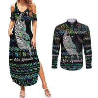 Personalised New Zealand Christmas Couples Matching Summer Maxi Dress and Long Sleeve Button Shirt Maori Fern Manaia Meri Kirihimete with Papaua Shell LT9 - Wonder Print Shop