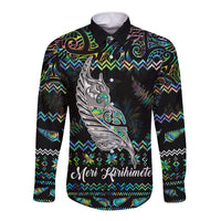 Personalised New Zealand Christmas Long Sleeve Button Shirt Maori Fern Manaia Meri Kirihimete with Papaua Shell - Wonder Print Shop