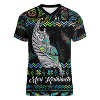 Personalised New Zealand Christmas Women V Neck T Shirt Maori Fern Manaia Meri Kirihimete with Papaua Shell - Wonder Print Shop