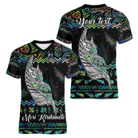 Personalised New Zealand Christmas Women V Neck T Shirt Maori Fern Manaia Meri Kirihimete with Papaua Shell - Wonder Print Shop