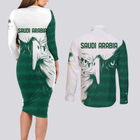 Saudi Arabia Falcon Couples Matching Long Sleeve Bodycon Dress and Long Sleeve Button Shirt Simple Saudi Pattern LT9 - Wonder Print Shop