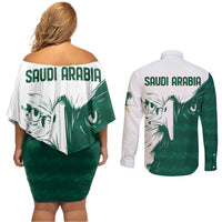 Saudi Arabia Falcon Couples Matching Off Shoulder Short Dress and Long Sleeve Button Shirt Simple Saudi Pattern LT9 - Wonder Print Shop