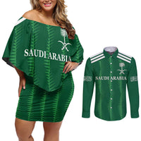 Custom Saudi Arabia Football Couples Matching Off Shoulder Short Dress and Long Sleeve Button Shirt Green Al -Arabiyyah Concept 23-2024 LT9 - Wonder Print Shop