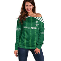 Custom Saudi Arabia Football Off Shoulder Sweater Green Al -Arabiyyah Concept 23-2024 - Wonder Print Shop