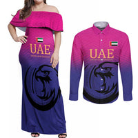 Custom UAE Cricket Couples Matching Off Shoulder Maxi Dress and Long Sleeve Button Shirt United Arab Emirates Falcon Sporty Pattern LT9 - Wonder Print Shop