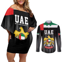 United Arab Emirates Couples Matching Off Shoulder Short Dress and Long Sleeve Button Shirt UAE Emblem Hawk of Quraish LT9 - Wonder Print Shop
