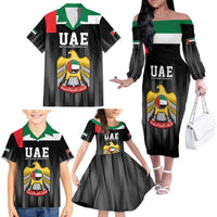 United Arab Emirates Family Matching Off The Shoulder Long Sleeve Dress and Hawaiian Shirt UAE Emblem Hawk of Quraish - Wonder Print Shop