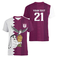 Qatar WC26 Custom Women V-Neck T-Shirt Funny La'eeb with Arabic Pattern