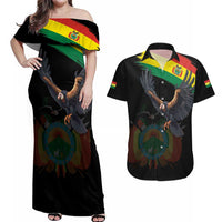 Bolivia Andean Condor Couples Matching Off Shoulder Maxi Dress and Hawaiian Shirt Grunge Flag Motif
