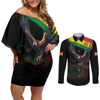 Bolivia Andean Condor Couples Matching Off Shoulder Short Dress and Long Sleeve Button Shirt Grunge Flag Motif