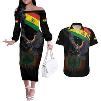 Bolivia Andean Condor Couples Matching Off The Shoulder Long Sleeve Dress and Hawaiian Shirt Grunge Flag Motif