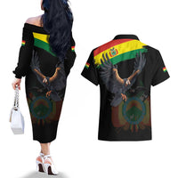 Bolivia Andean Condor Couples Matching Off The Shoulder Long Sleeve Dress and Hawaiian Shirt Grunge Flag Motif