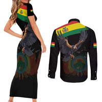 Bolivia Andean Condor Couples Matching Short Sleeve Bodycon Dress and Long Sleeve Button Shirt Grunge Flag Motif