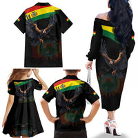 Bolivia Andean Condor Family Matching Off The Shoulder Long Sleeve Dress and Hawaiian Shirt Grunge Flag Motif
