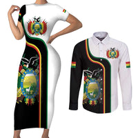 Bolivia Simple Coat of Arm Couples Matching Short Sleeve Bodycon Dress and Long Sleeve Button Shirt