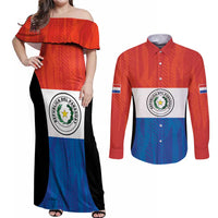 Paraguay Football Custom Couples Matching Off Shoulder Maxi Dress and Long Sleeve Button Shirt Come On Albirroja with Flag Style