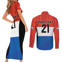 Paraguay Football Custom Couples Matching Short Sleeve Bodycon Dress and Long Sleeve Button Shirt Come On Albirroja with Flag Style