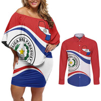 Paraguay Paz y justicia Couples Matching Off Shoulder Short Dress and Long Sleeve Button Shirt Coat of arms of Paraguay