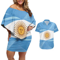 Argentina Flag Day Personalized Couples Matching Off Shoulder Short Dress and Hawaiian Shirt Simple Sol de Mayo