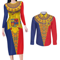 Romania Traditional Embroidery Pattern Couples Matching Long Sleeve Bodycon Dress and Long Sleeve Button Shirt