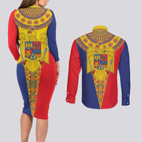 Romania Traditional Embroidery Pattern Couples Matching Long Sleeve Bodycon Dress and Long Sleeve Button Shirt