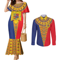 Romania Traditional Embroidery Pattern Couples Matching Mermaid Dress and Long Sleeve Button Shirt