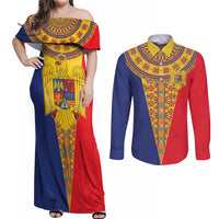 Romania Traditional Embroidery Pattern Couples Matching Off Shoulder Maxi Dress and Long Sleeve Button Shirt