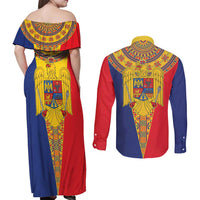 Romania Traditional Embroidery Pattern Couples Matching Off Shoulder Maxi Dress and Long Sleeve Button Shirt