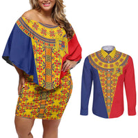 Romania Traditional Embroidery Pattern Couples Matching Off Shoulder Short Dress and Long Sleeve Button Shirt