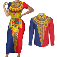 Romania Traditional Embroidery Pattern Couples Matching Short Sleeve Bodycon Dress and Long Sleeve Button Shirt