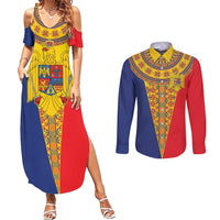 Romania Traditional Embroidery Pattern Couples Matching Summer Maxi Dress and Long Sleeve Button Shirt