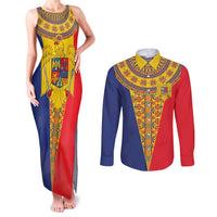 Romania Traditional Embroidery Pattern Couples Matching Tank Maxi Dress and Long Sleeve Button Shirt