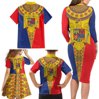 Romania Traditional Embroidery Pattern Family Matching Long Sleeve Bodycon Dress and Hawaiian Shirt