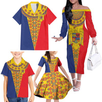 Romania Traditional Embroidery Pattern Family Matching Off The Shoulder Long Sleeve Dress and Hawaiian Shirt