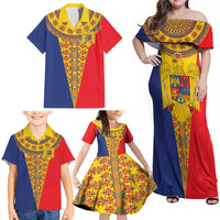 Romania Traditional Embroidery Pattern Family Matching Off Shoulder Maxi Dress and Hawaiian Shirt