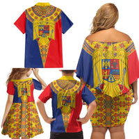Romania Traditional Embroidery Pattern Family Matching Off Shoulder Short Dress and Hawaiian Shirt