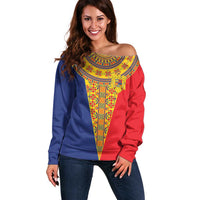 Romania Traditional Embroidery Pattern Off Shoulder Sweater