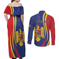 Romania Flag Day Personalized Couples Matching Off Shoulder Maxi Dress and Long Sleeve Button Shirt National Golden Eagle