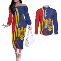 Romania Flag Day Personalized Couples Matching Off The Shoulder Long Sleeve Dress and Long Sleeve Button Shirt National Golden Eagle