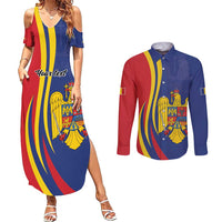 Romania Flag Day Personalized Couples Matching Summer Maxi Dress and Long Sleeve Button Shirt National Golden Eagle
